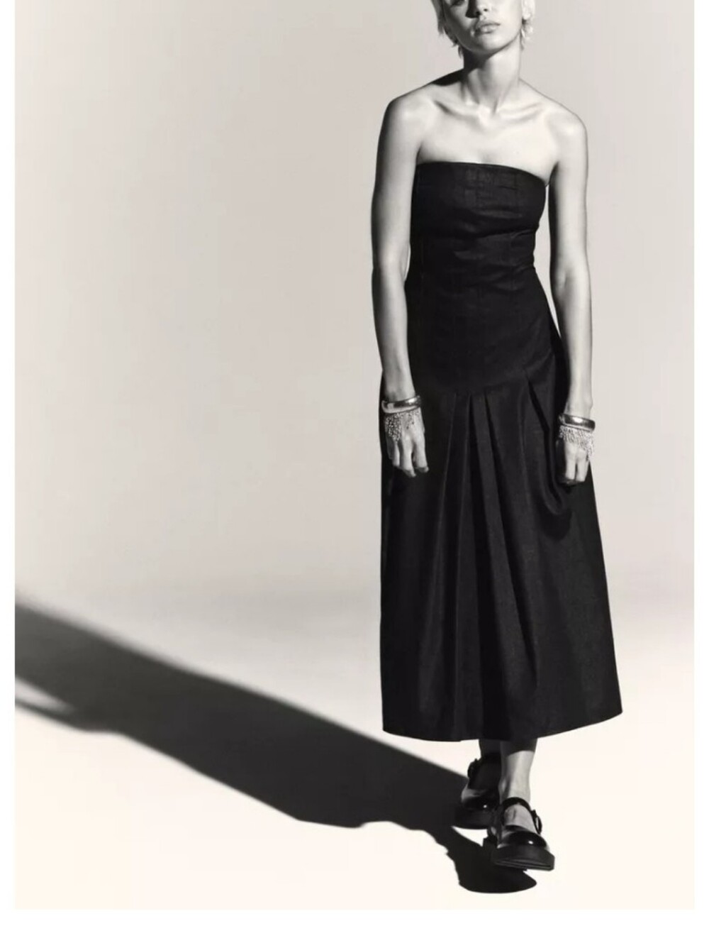 Zara TRF Denim Black Strapless Midi Off Shoulder Pleated Dress